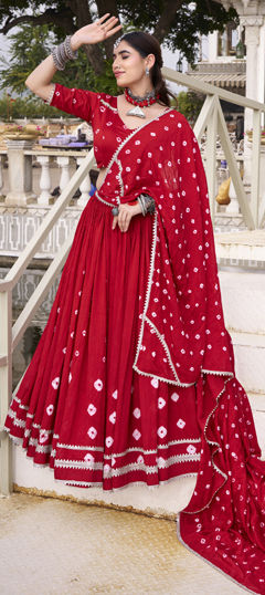 Red and Maroon color Ready to Wear Lehenga in Chanderi Silk fabric with Lace, Printed, Tye n Dye work