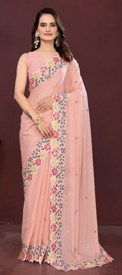 Pink and Majenta color Saree in Georgette fabric with Embroidered, Thread work