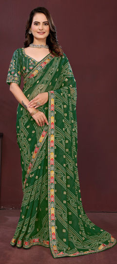 Green color Saree in Georgette fabric with Bandhej, Border, Digital Print, Embroidered work