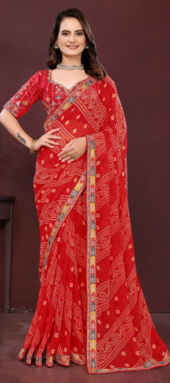 Red and Maroon color Saree in Georgette fabric with Bandhej, Border, Digital Print, Embroidered work