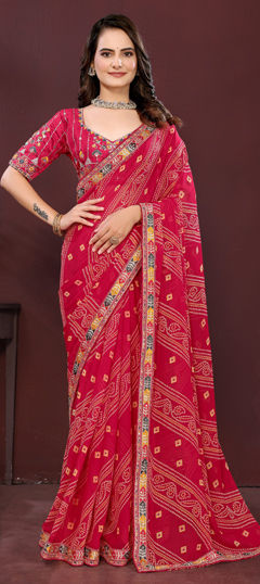 Pink and Majenta color Saree in Georgette fabric with Bandhej, Border, Digital Print, Embroidered work