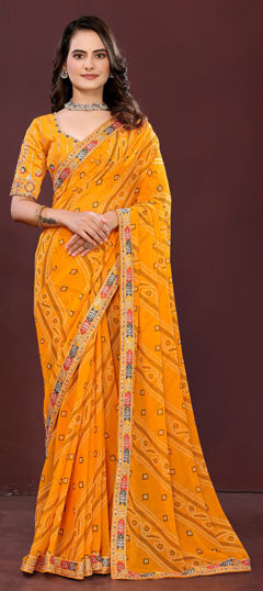 Yellow color Saree in Georgette fabric with Bandhej, Border, Digital Print, Embroidered work