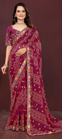 Purple and Violet color Saree in Georgette fabric with Bandhej, Border, Digital Print, Embroidered work