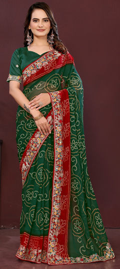 Green color Saree in Georgette fabric with Bandhej, Digital Print, Embroidered work