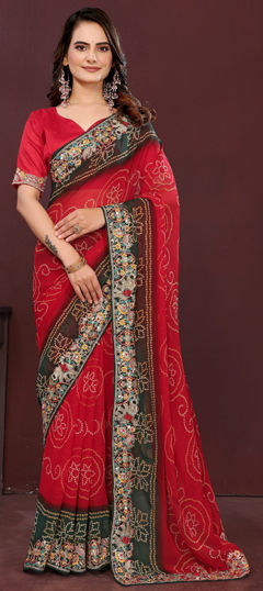 Red and Maroon color Saree in Georgette fabric with Bandhej, Digital Print, Embroidered work