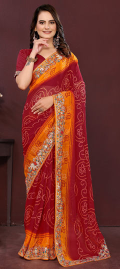 Red and Maroon color Saree in Georgette fabric with Bandhej, Digital Print, Embroidered work