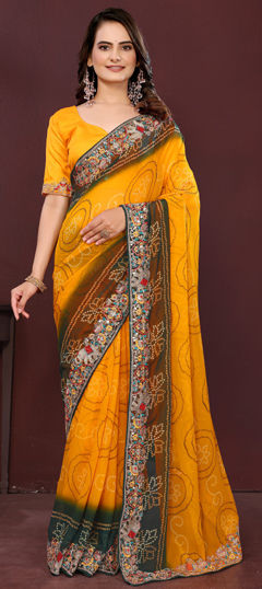Yellow color Saree in Georgette fabric with Bandhej, Digital Print, Embroidered work