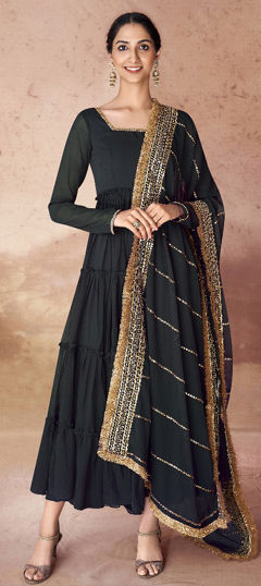 Black and Grey color Gown in Faux Georgette fabric with Lace work