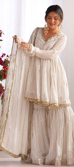 White and Off White color Salwar Kameez in Chanderi Silk fabric with Gota Patti work