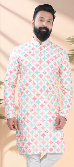 White and Off White color Kurta in Cotton fabric with Embroidered, Sequence, Thread work