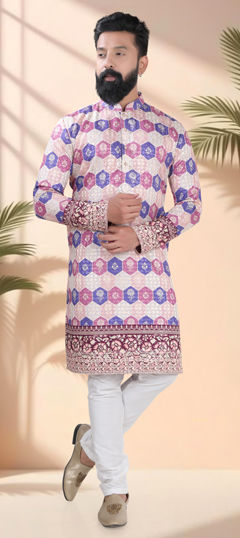 White and Off White color Kurta Pyjamas in Cotton fabric with Embroidered, Sequence, Thread work