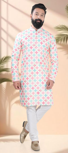 White and Off White color Kurta Pyjamas in Cotton fabric with Embroidered, Sequence, Thread work