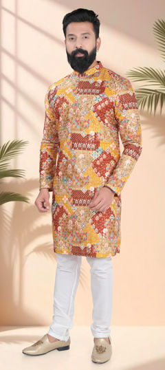 Orange color Kurta Pyjamas in Cotton fabric with Embroidered, Sequence, Thread work