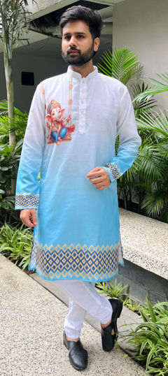 Blue color Kurta Pyjamas in Cotton fabric with Digital Print work