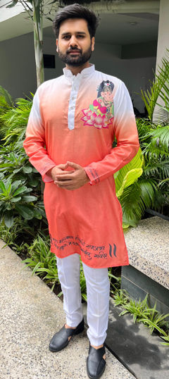 Orange color Kurta Pyjamas in Cotton fabric with Digital Print work