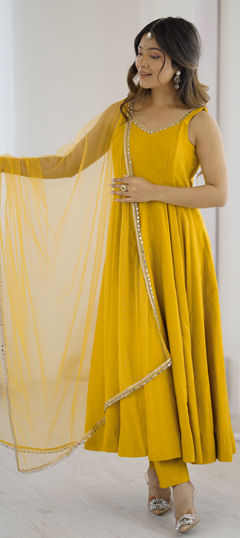 Yellow color Salwar Kameez in Roman Silk fabric with Lace work