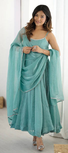 Blue color Salwar Kameez in Crushed Silk fabric with Lace work