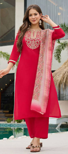 Red and Maroon color Salwar Kameez in Rayon fabric with Embroidered, Sequence work