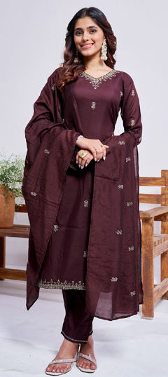 Beige and Brown color Salwar Kameez in Rayon fabric with Embroidered, Thread work