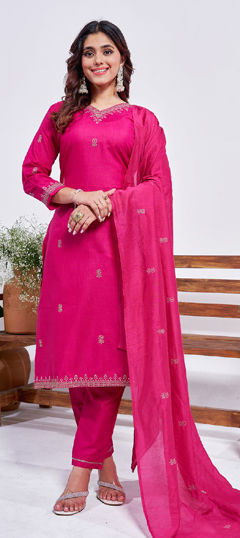 Pink and Majenta color Salwar Kameez in Rayon fabric with Embroidered, Thread work