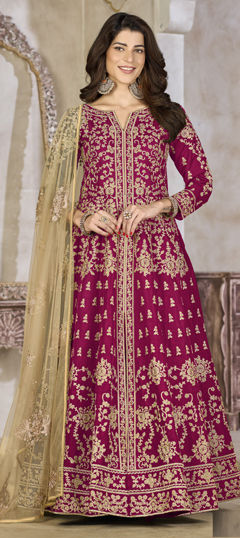 Red and Maroon color Long Lehenga Choli in Art Silk fabric with Embroidered, Stone work