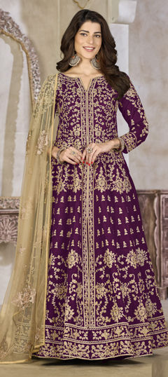 Purple and Violet color Long Lehenga Choli in Art Silk fabric with Embroidered, Stone work