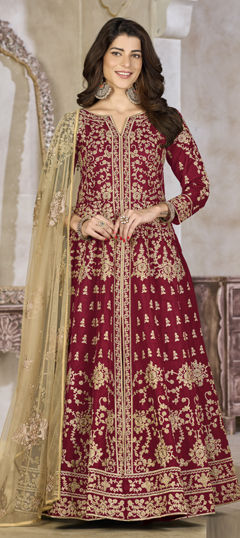 Red and Maroon color Long Lehenga Choli in Art Silk fabric with Embroidered, Stone work