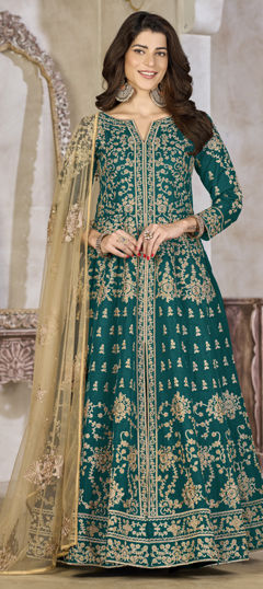 Green color Long Lehenga Choli in Art Silk fabric with Embroidered, Stone work