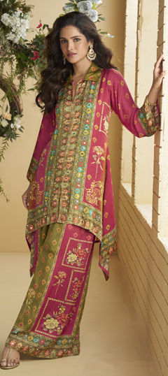 Red and Maroon color Salwar Kameez in Crepe Silk fabric with Digital Print, Mirror, Sequence work