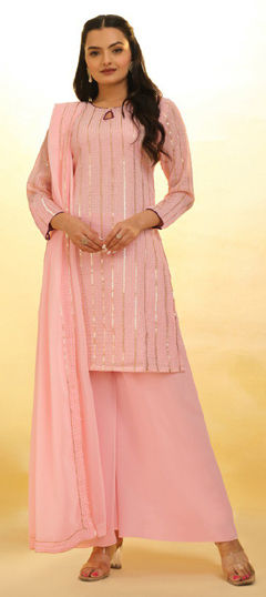 Pink and Majenta color Salwar Kameez in Georgette fabric with Embroidered, Sequence work