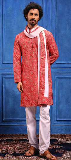 Red and Maroon color Kurta Pyjamas in Viscose fabric with Bandhej, Embroidered, Sequence work