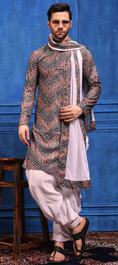 Black and Grey color Kurta Pyjamas in Viscose fabric with Bandhej, Embroidered, Sequence work