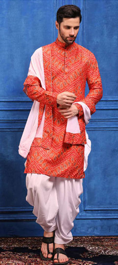Red and Maroon color Kurta Pyjamas in Viscose fabric with Bandhej, Embroidered, Sequence work