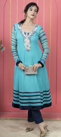 Blue color Salwar Kameez in Georgette fabric with Embroidered, Moti, Swarovski work