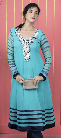 Blue color Kurti in Georgette fabric with Embroidered, Moti, Swarovski work