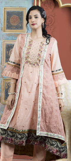 Pink and Majenta color Kurti in Chanderi Silk fabric with Embroidered work