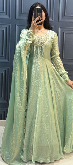 Green color Gown in Tissue fabric with Bugle Beads, Cut Dana work