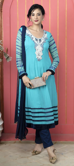 Blue color Salwar Kameez in Georgette fabric with Embroidered, Moti, Swarovski work