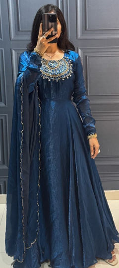 Blue color Gown in Tissue fabric with Bugle Beads, Cut Dana work