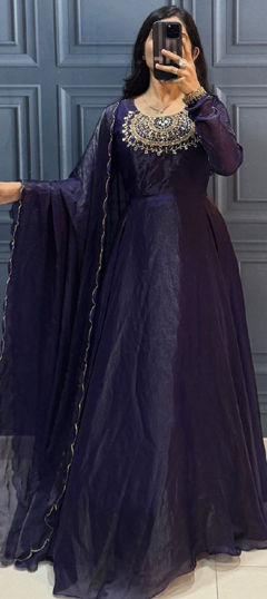 Purple and Violet color Gown in Tissue fabric with Bugle Beads, Cut Dana work