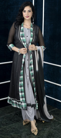 Black and Grey color Salwar Kameez in Georgette fabric with Embroidered, Mirror work