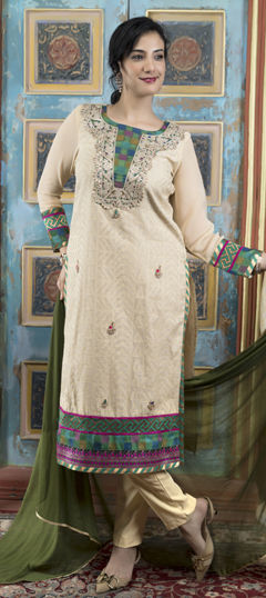 Beige and Brown color Salwar Kameez in Handloom, Silk fabric with Embroidered, Thread work