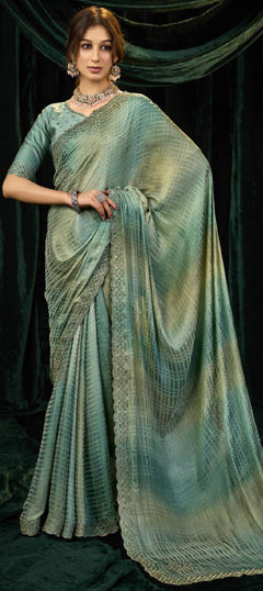 Green color Saree in Satin Silk fabric with Bugle Beads, Thread work
