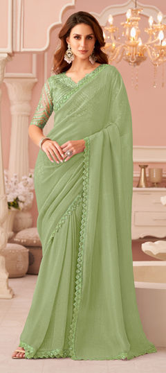 Green color Saree in Georgette fabric with Embroidered, Sequence work