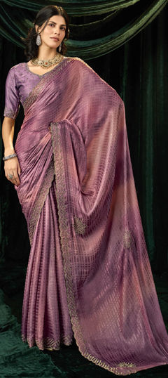 Purple and Violet color Saree in Satin Silk fabric with Bugle Beads, Thread work