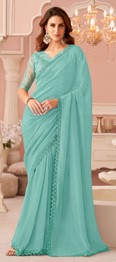 Blue color Saree in Georgette fabric with Embroidered, Sequence work