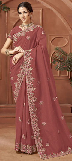 Red and Maroon color Saree in Crushed Silk fabric with Embroidered, Thread work