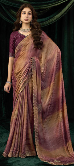 Beige and Brown color Saree in Satin Silk fabric with Bugle Beads, Thread work