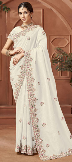 White and Off White color Saree in Crushed Silk fabric with Embroidered, Thread work