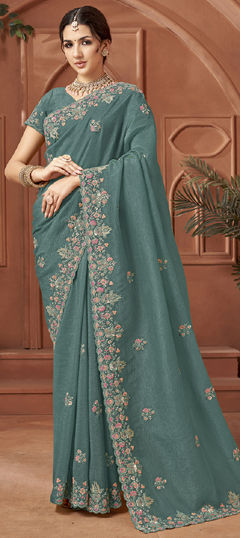 Green color Saree in Crushed Silk fabric with Embroidered, Thread work